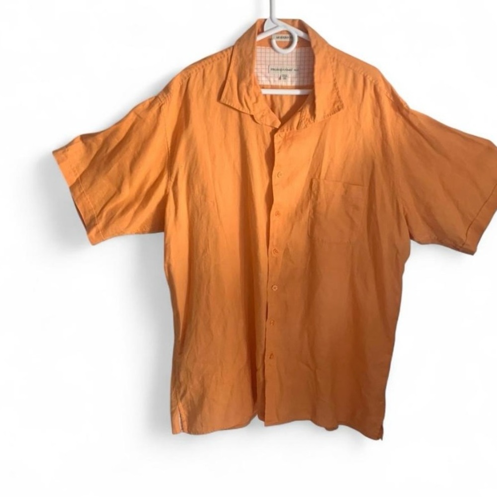 Pronto Uomo orange button up linen shirt short sleeve Size 3 XL  tall modern fit